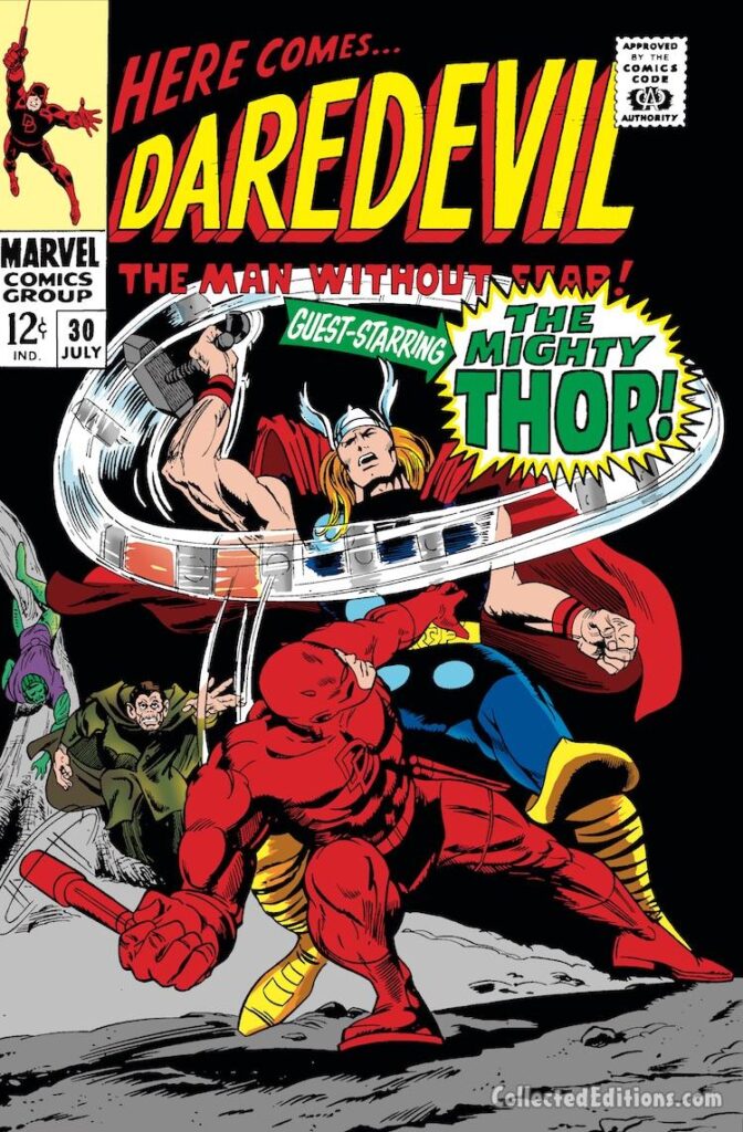 Daredevil #30 cover; pencils, Gene Colan; inks, John Tartaglione; The Mighty Thor, Mr. Hyde, Cobra