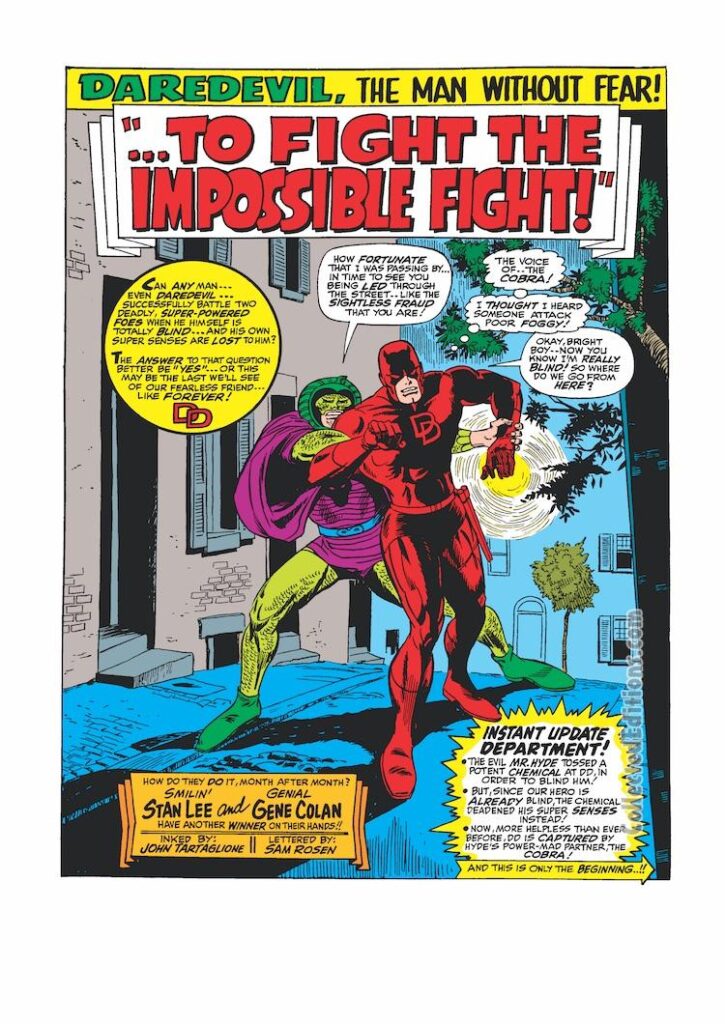 Daredevil #32, pg. 16; pencils, Gene Colan; inks, John Tartaglione; To Fight the Impossible Fight, Cobra
