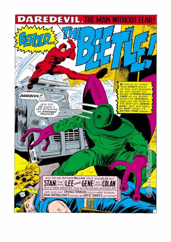 Daredevil #33, pg. 1; pencils, Gene Colan; inks, John Tartaglione; Stan Lee, splash page, Marvel Age, Behold the Beetle, Abner Jenkins