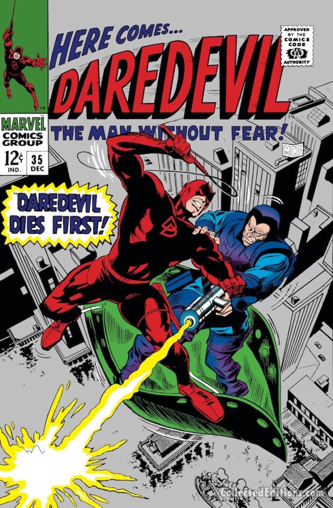 Daredevil #35 cover; pencils, Gene Colan; inks, John Tartaglione; Daredevil Dies First, the Trapster/Paste Pot Pete