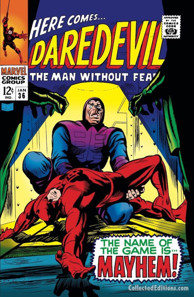 Daredevil #36 cover; pencils, Gene Colan; inks, Paul Reinman; The Trapster/Paste Pot Pete/The Name of the Game is Mayhem