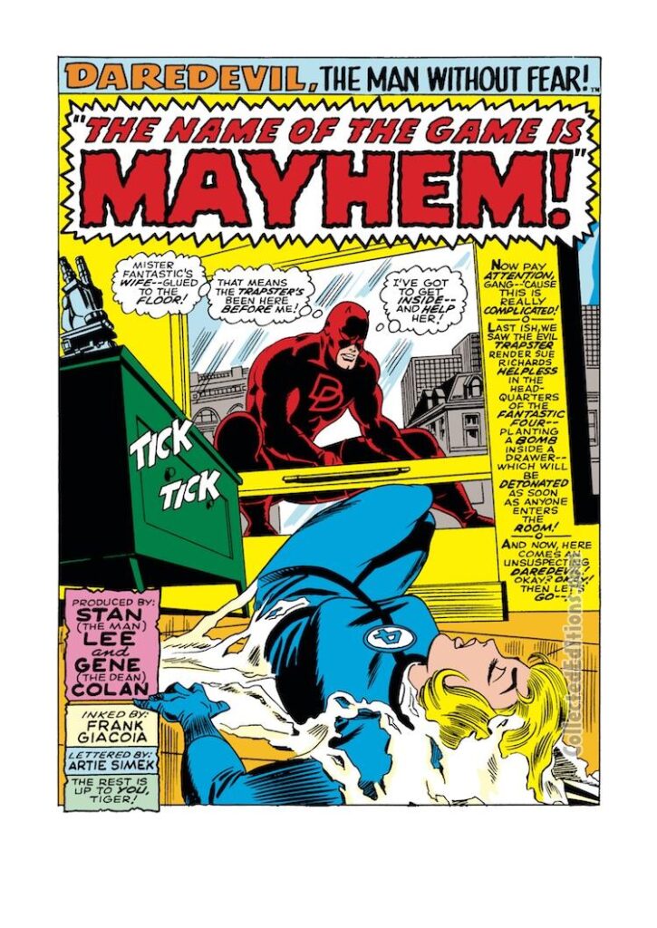 Daredevil #36, pg. 1; pencils, Gene Colan; inks, Frank Giacoia; The Name of the Game is Mayhem, Sue Storm/Invisible Woman, Fantastic Four, Stan lee