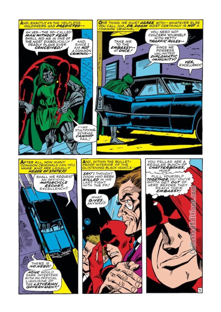 Daredevil #37, pg. 5; pencils, Gene Colan; inks, John Tartaglione; Doctor Doom, diplomatic immunity