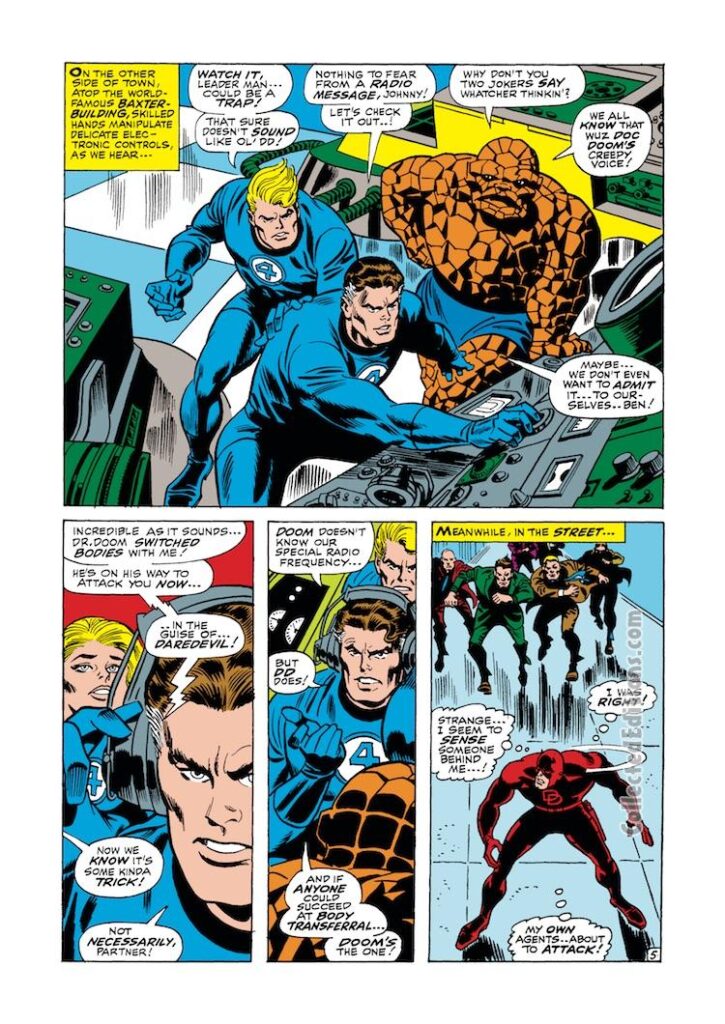 Daredevil #38, pg. 5; pencils, Gene Colan; inks, Frank Giacoia; Fantastic Four, Thing, Mister Fantastic, Human Torch