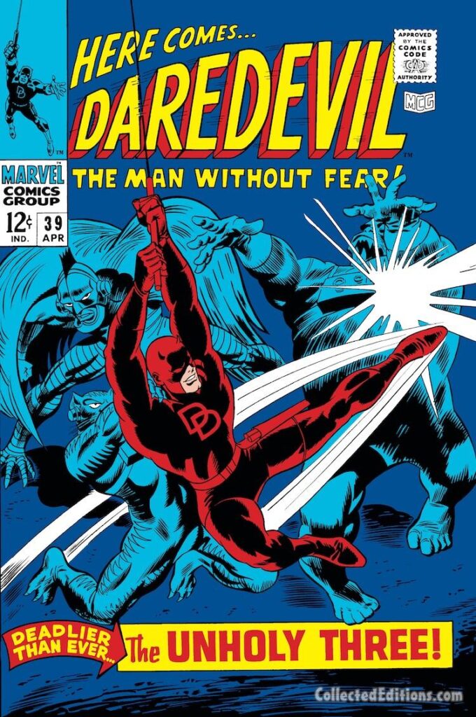 Daredevil #39 cover; pencils, Gene Colan; inks, Frank Giacoia; The Unholy Three, Ani-Men