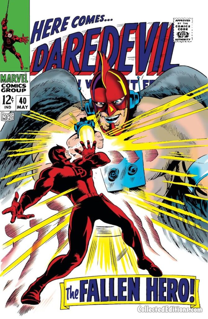 Daredevil #40 cover; pencils, Gene Colan; inks, John Tartaglione; alterations, Marie Severin; The Fallen Hero, Bird Man, Henry Hawk