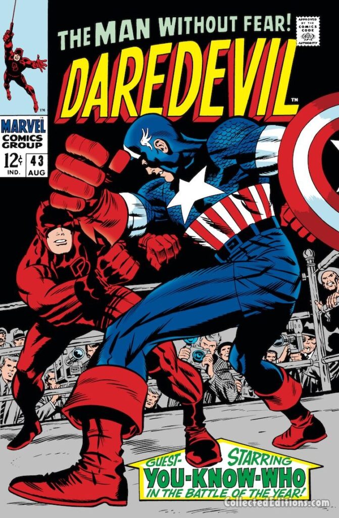 Daredevil #43 cover; pencils, Jack Kirby; inks, Joe Sinnott; Captain America boxing ring