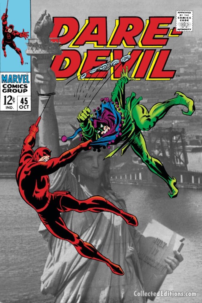 Daredevil #45 cover; pencils, Gene Colan; inks, Frank Giacoia; Jester, Statue of Liberty, photo cover