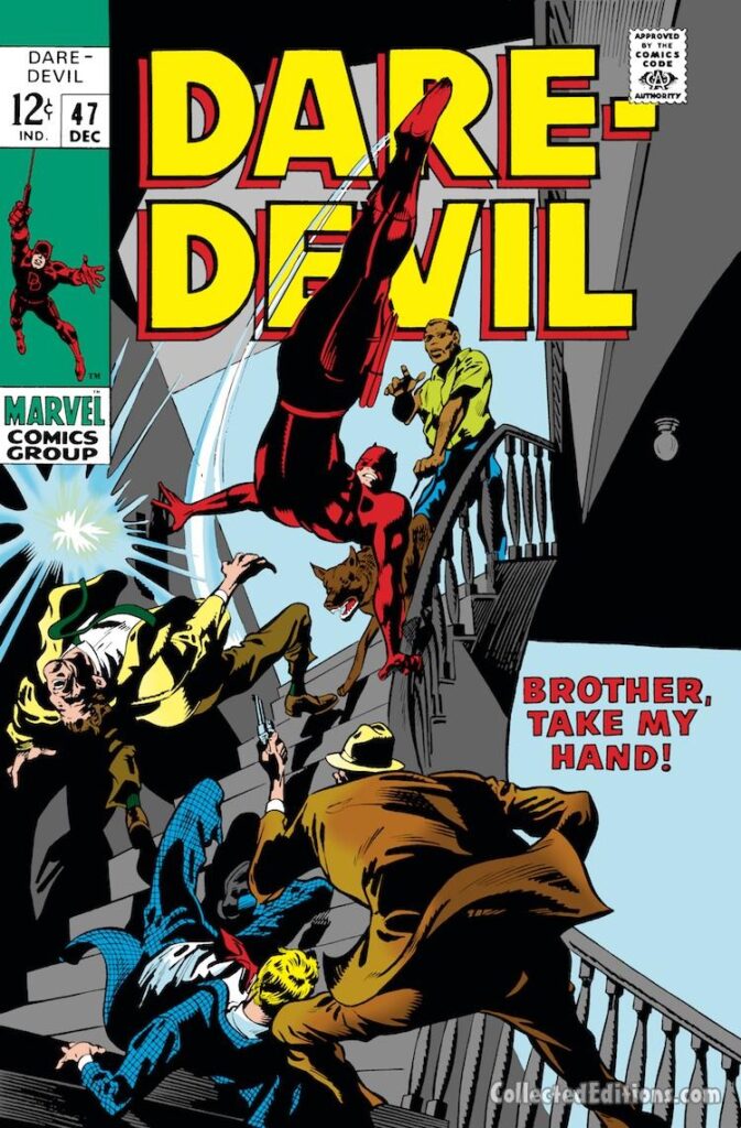 Daredevil #47 cover; pencils, Gene Colan; inks, George Klein; Brother Take My Hand