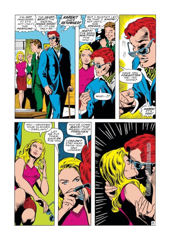 Daredevil #48, pg. 8; pencils, Gene Colan; inks, George Klein; Matt Murdock kisses Karen Page, romance