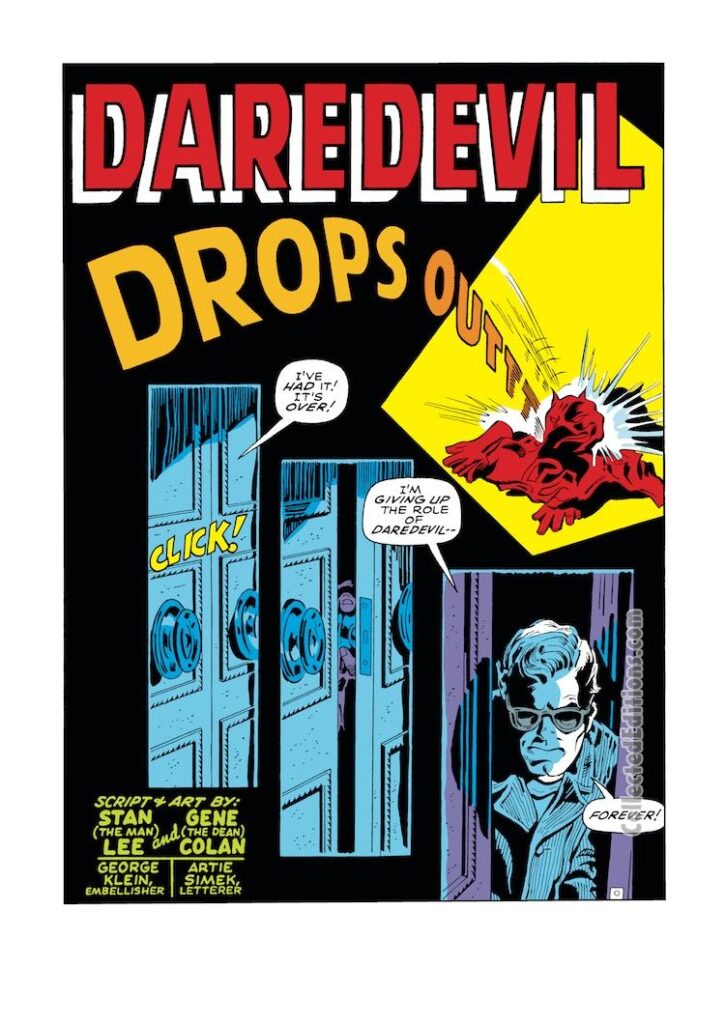 Daredevil #49, pg. 1; pencils, Gene Colan; inks, George Klein; Daredevil Drops Out, Matt Murdock