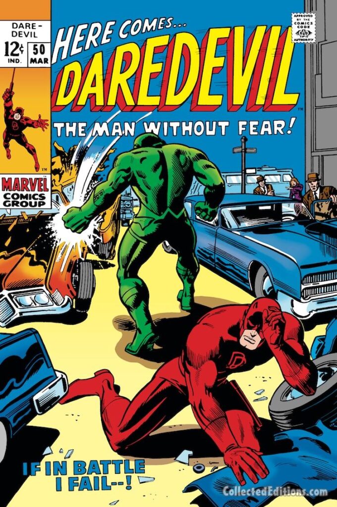 Daredevil #50 cover; pencils, Gene Colan, Barry Windsor-Smtih; inks, Johnny Craig; alterations, John Romita Sr.; If In Final Battle I Fall, Plastoid