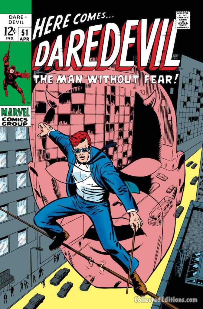 Daredevil #51 cover; pencils, Barry Windsor-Smith; inks, George Klein; alterations, John Romita Sr.; Matt Murdock walking a tightrope, Marvel, New York City