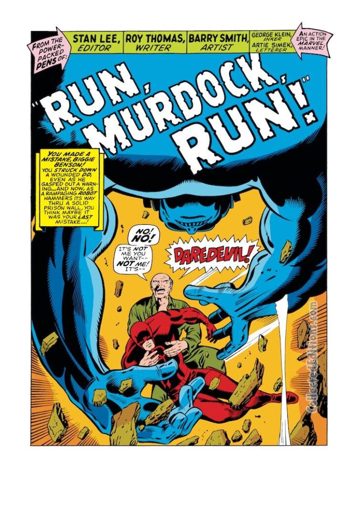 Daredevil #51, pg. 1; pencils, Barry Windsor-Smith; inks, George Klein; Run Murdock Run