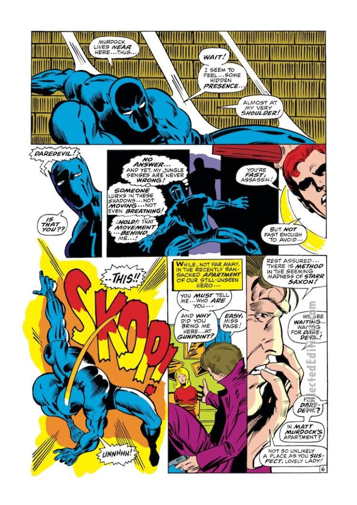 Daredevil #52, pg. 6; pencils, Barry Windsor-Smith; inks, Johnny Craig; Black Panther, T'Challa, New York City, Matt Murdock