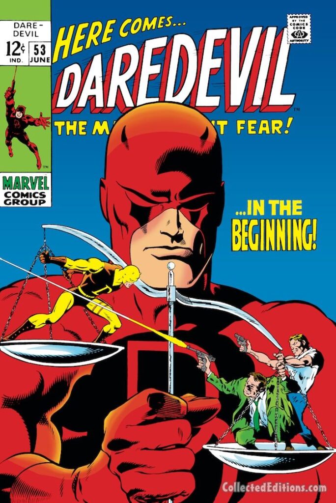 Daredevil #53 cover; pencils, Gene Colan; inks, George Klein; In the Beginning, yellow costume