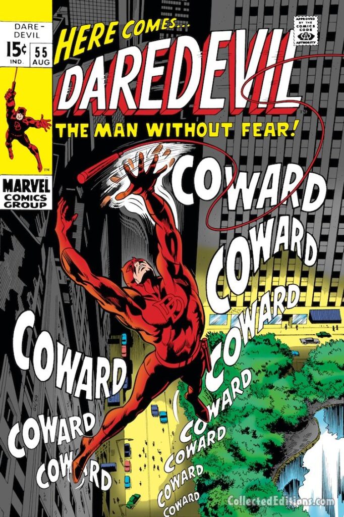 Daredevil #55 cover; pencils, Gene Colan; inks, Sam Grainger; Coward