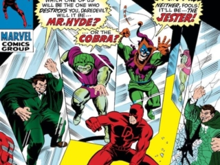 Daredevil #61 cover; pencils, Marie Severin; inks, Joe Sinnott; Jester, Cobra, Mr. Hyde, Trio of Doom