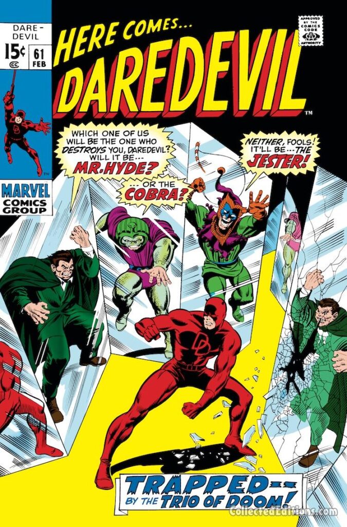 Daredevil #61 cover; pencils, Marie Severin; inks, Joe Sinnott; Jester, Cobra, Mr. Hyde, Trio of Doom