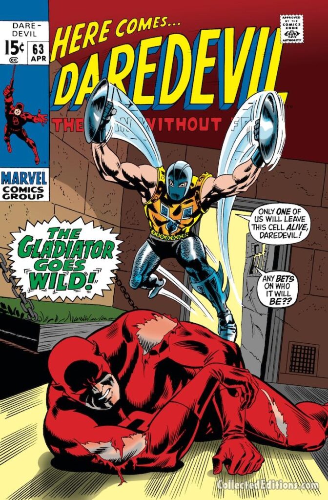 Daredevil #63 cover; pencils, Marie Severin; inks, Frank Giacoia; Gladiator Goes Wild