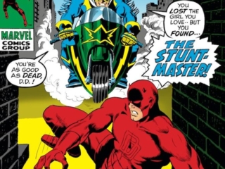 Daredevil #64 cover; layout, Marie Severin; pencils, Gene Colan; inks, Syd Shores; alterations, John Romita Sr.; Stunt-Master