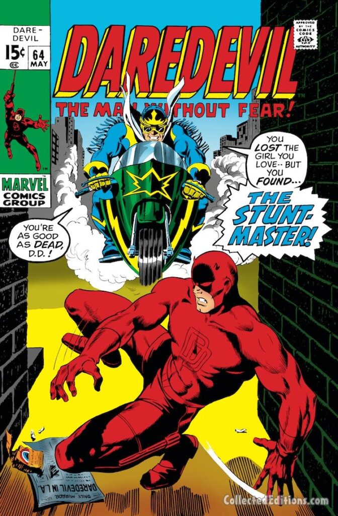 Daredevil #64 cover; layout, Marie Severin; pencils, Gene Colan; inks, Syd Shores; alterations, John Romita Sr.; Stunt-Master