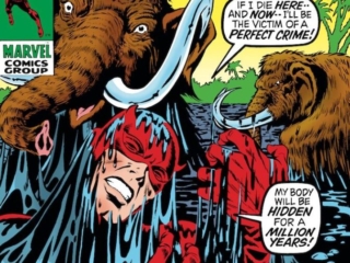 Daredevil #66 cover; pencils, Marie Severin; inks, Syd Shores; Tar Pits of Death, mastodons, La Brea Tar Pits