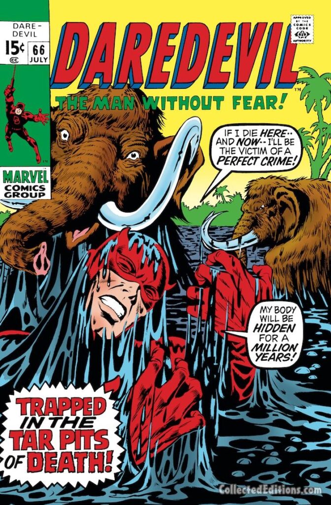 Daredevil #66 cover; pencils, Marie Severin; inks, Syd Shores; Tar Pits of Death, mastodons, La Brea Tar Pits