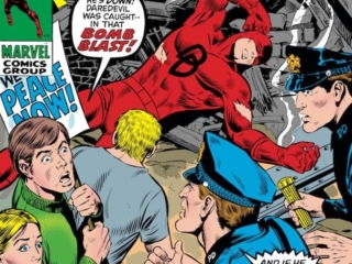 Daredevil #70 cover; pencils, Marie Severin; inks, Joe Sinnott; alterations, Herb Trimpe; A City In Turmoil, A City in Flame