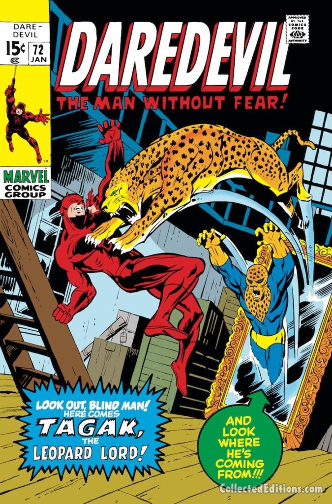 Daredevil #72 cover; pencils, Marie Severin; inks, Herb Trimpe; Tagak the Leopard Lord