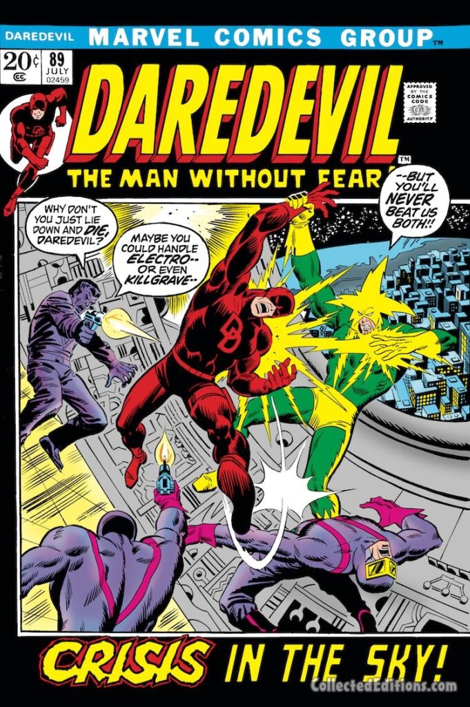 Daredevil #89 cover; pencils and inks, Sal Buscema; alterations, John Romita Sr.; Electro, Crisis in the Sky, Killgrave the Purple Man