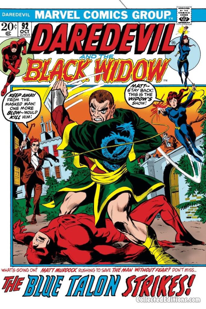 Daredevil #92 cover; pencils, Gil Kane; inks, Tom Palmer; alterations, John Romita Sr.; The Blue Talon, Black Widow