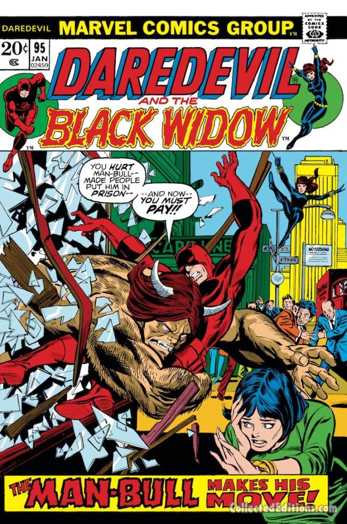 Daredevil #95 cover; pencils, Gil Kane; inks, Tom Palmer; The Man-Bull, Black Widow