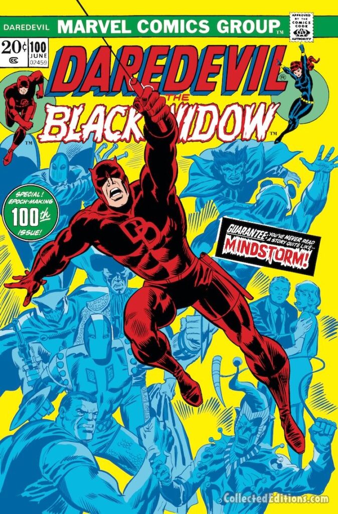 Daredevil #100 cover; pencils, Rich Buckler; inks, Frank Giacoia; Mindstorm; Rogues Gallery, Jester, Owl, Beetle, Ox, Gladiator