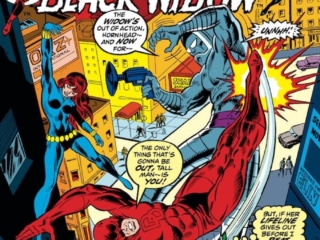 Daredevil #102 cover; pencils, Rich Buckler; inks, Frank Giacoia; Black Widow. Stilt-Man
