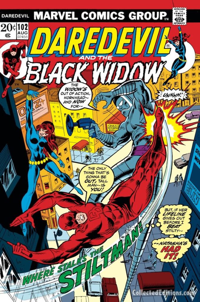 Daredevil #102 cover; pencils, Rich Buckler; inks, Frank Giacoia; Black Widow. Stilt-Man