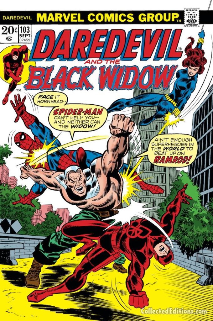 Daredevil #103 cover; pencils, Don Heck; inks, John Romita Sr.; Ramrod, Black Widow, Spider-Man