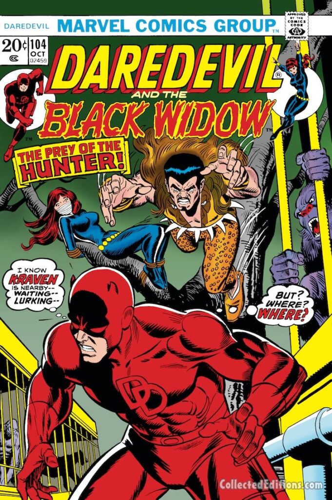 Daredevil #104 cover; pencils, Gil Kane; inks, Frank Giacoia; Kraven the Hunter, Black Widow