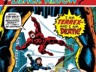 Daredevil #106 cover; pencils, Rich Buckler; inks, John Romita Sr.; Terrex, Black Widow, Ramrod
