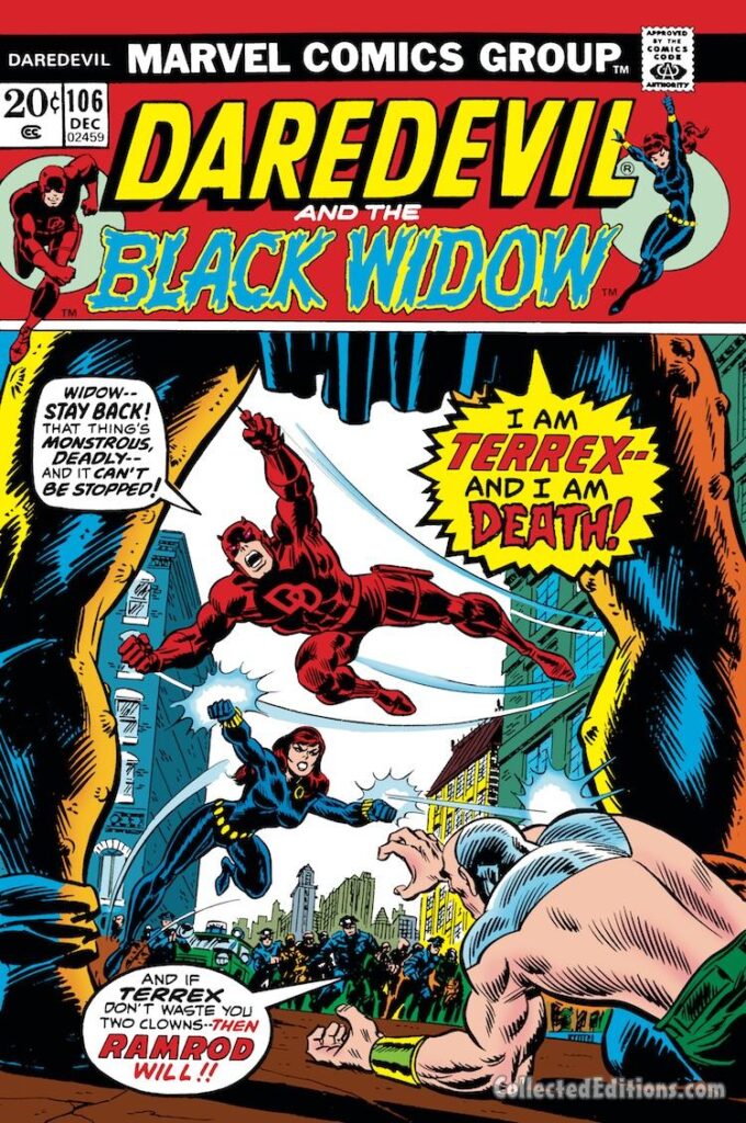 Daredevil #106 cover; pencils, Rich Buckler; inks, John Romita Sr.; Terrex, Black Widow, Ramrod