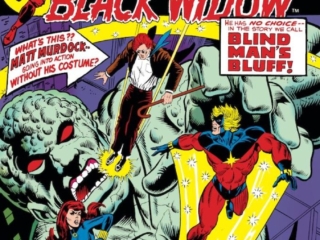 Daredevil #107 cover; pencils, Jim Starlin; inks, Al Milgrom; alterations, John Romita Sr.; Captain Marvel, Mar-Vell, Black Widow; Terrex