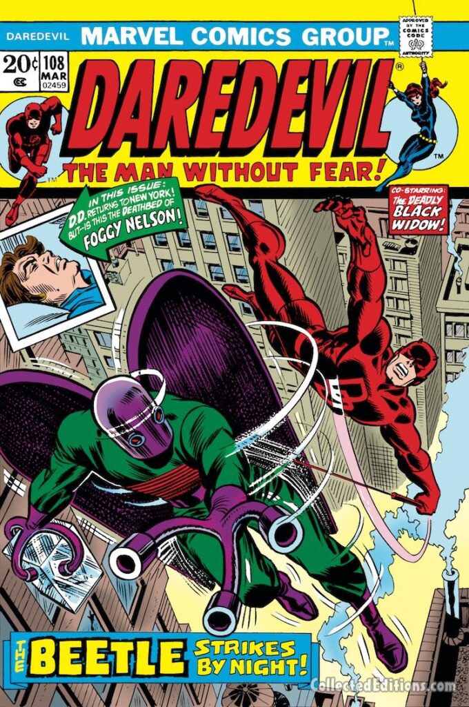 Daredevil #108 cover; pencils and inks, John Romita Sr.; Foggy Nelson, Black Widow, the Beetle Strikes by Night, Abner Jenkins