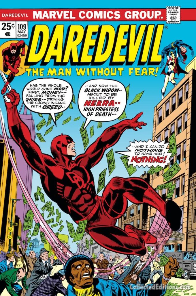 Daredevil #109 cover; pencils, Gil Kane; inks, Frank Giacoia; alterations, John Romita Sr.; Nekra, Black Widow