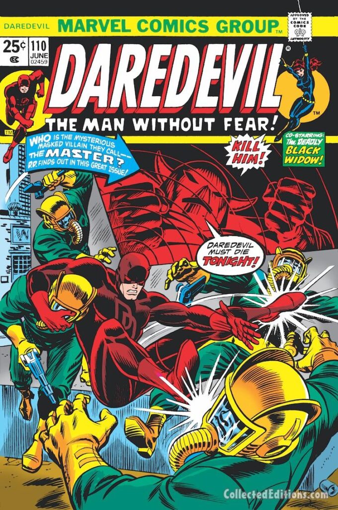 Daredevil #110 cover; pencils, uncredited; inks, John Romita Sr.; The Master, Black Widow