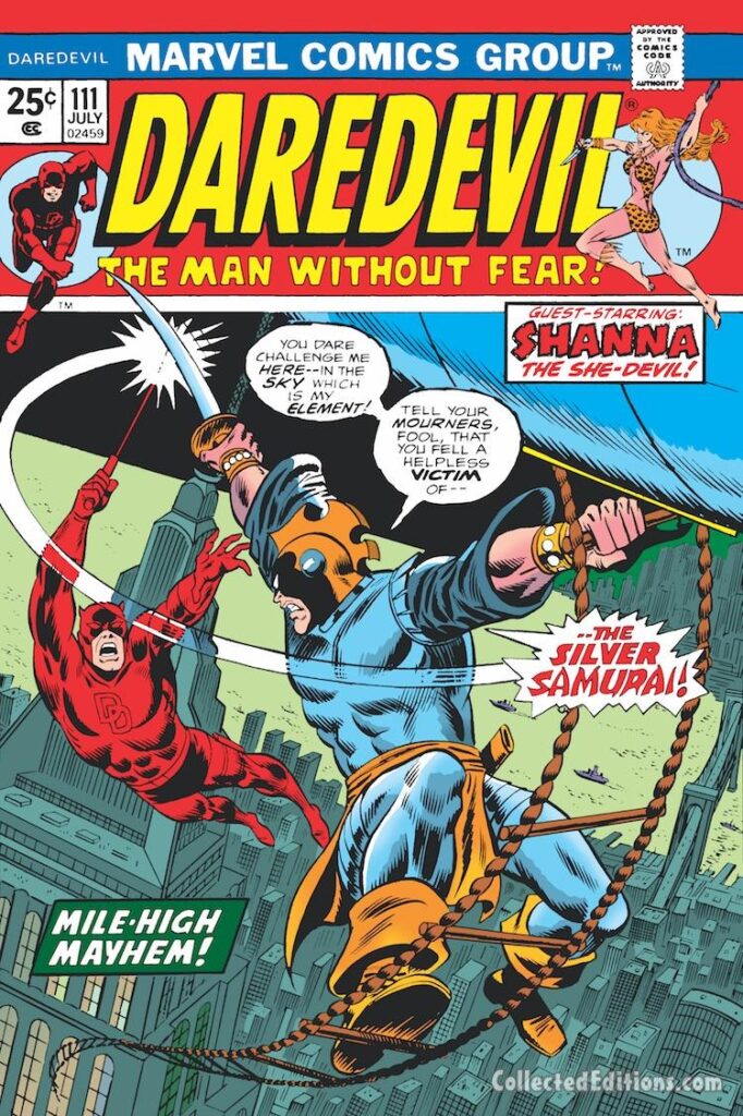 Daredevil #111 cover; pencils, Ron Wilson; inks, Frank Giacoia; Shanna the She-Devil, Silver Samurai, Mile-High Mayhem