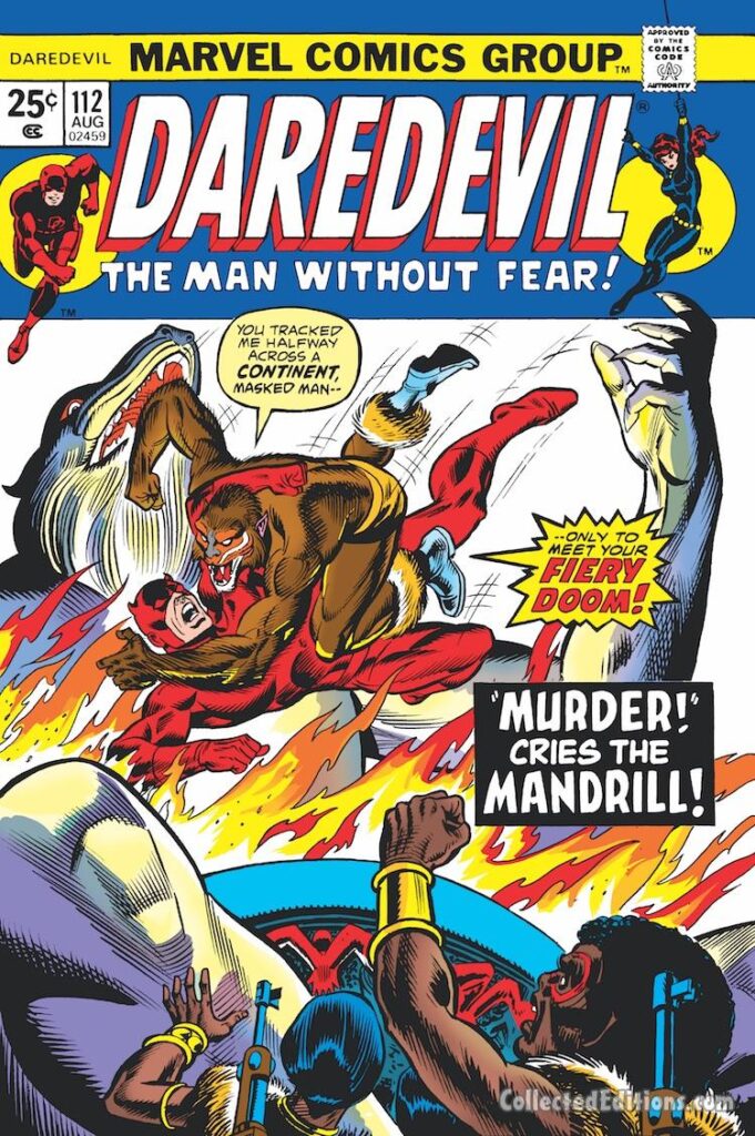 Daredevil #112 cover; pencils, Gil Kane; inks, Frank Giacoia; alterations, John Romita Sr.; Murder Cries the Mandrill