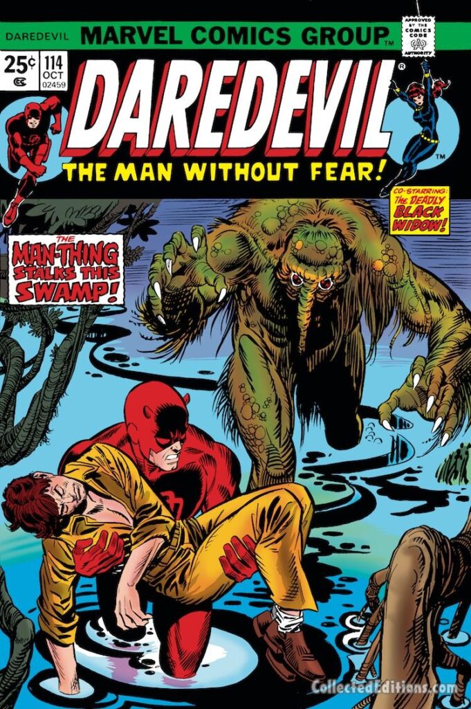 Daredevil #114 cover; pencils, Gil Kane; inks, Mike Esposito; The Man-Thing Stalks the Swamp