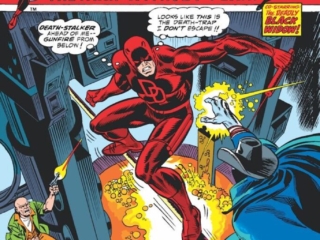 Daredevil #115 cover; pencils, Gil Kane; inks, Frank Giacoia; alterations, Marie Severin; Night of the Death-Stalker