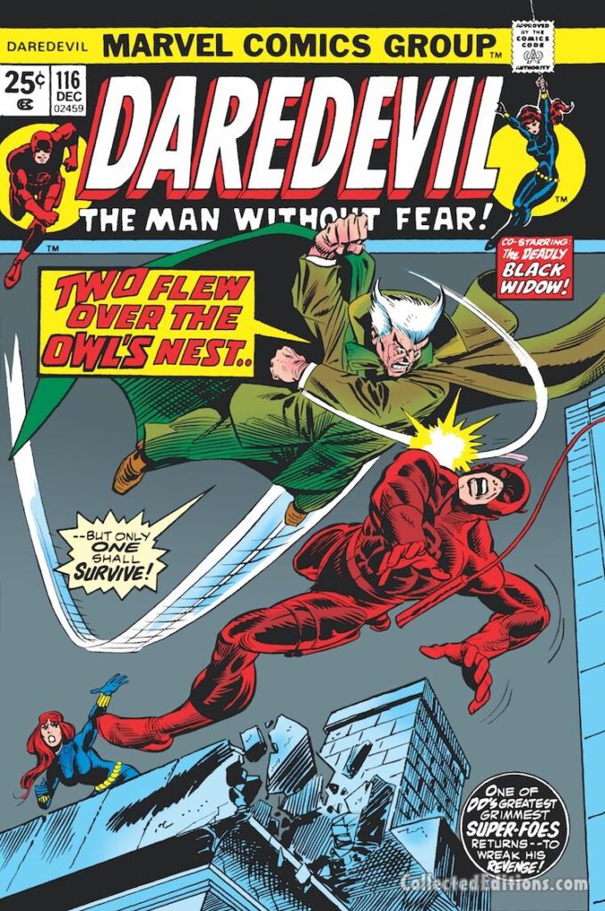 Daredevil #116 cover; pencils, Gil Kane; inks, Mike Esposito; Black Widow, the Owl, Two Flew Over the Owl's Nest
