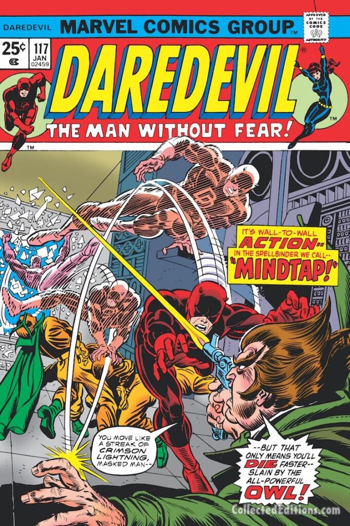 Daredevil #117 cover; pencils, Gil Kane; inks, John Romita Sr.; Mindtap, the Owl